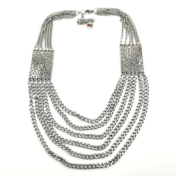 David Sigal Multichain Swirl Pattern Layered Silver Tone Designer 22” Necklace - Picture 4 of 8